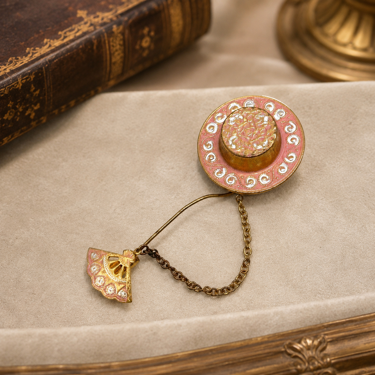 Gold Tone and Enamel Painted Vintage Hat and Fan Stick Pin