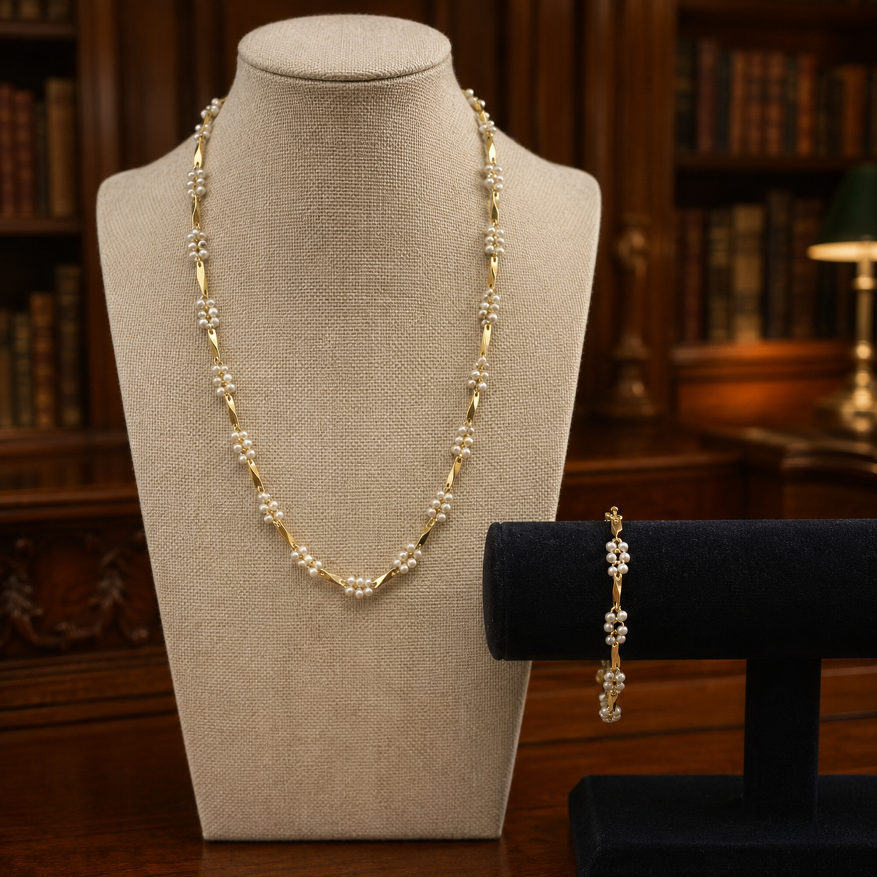 Faux Pearl Gold Tone Station Necklace & Bracelet Set Wedding Jewelry Demi-Parure