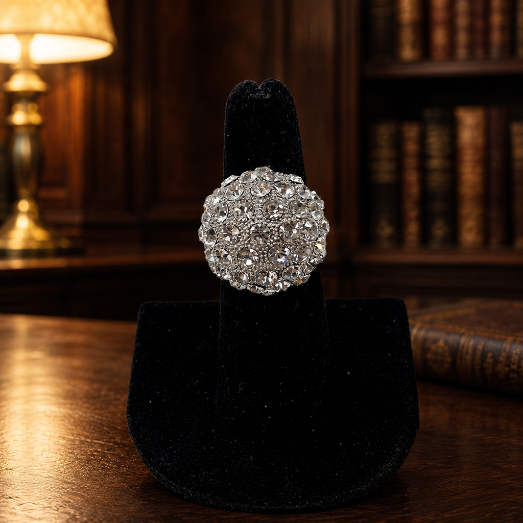 Vintage Silver Tone Pavé Rhinestone Dome Cocktail Ring 21.3g | Statement Estate Jewelry