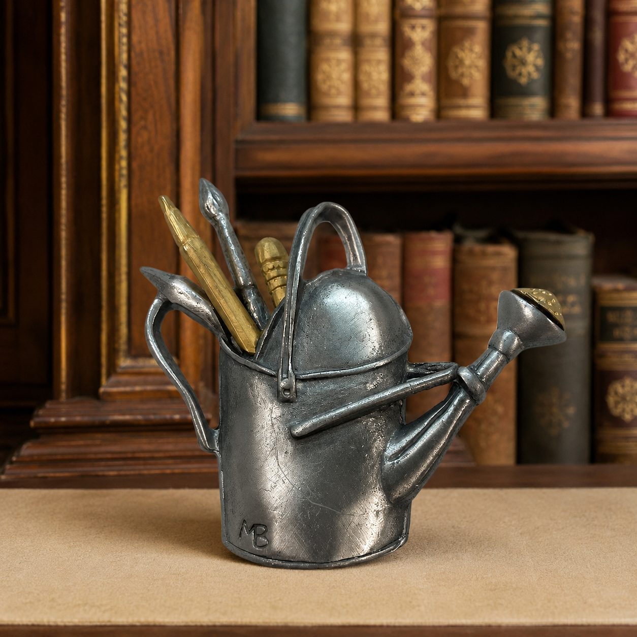Marjolein Bastin 1999 Pewter Watering Can Brooch, Gold Tone Garden Tools Figural Pin