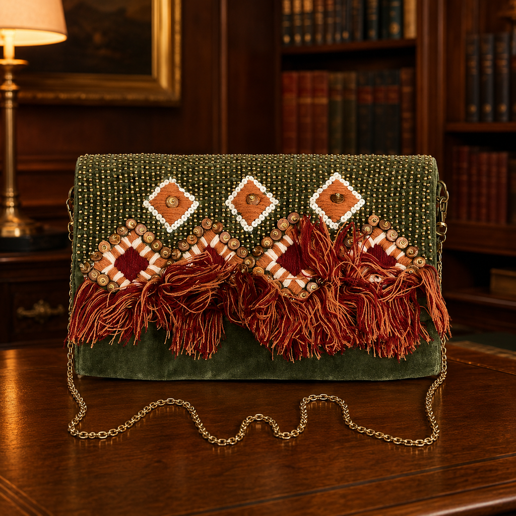 Green Velvet Beaded Bohemian Clutch Crossbody Bag, Embroidered Tassel Evening Purse