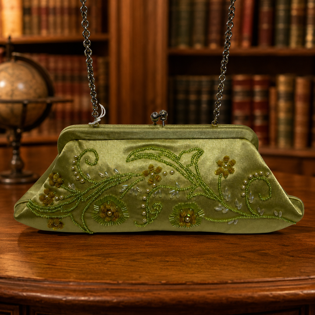 (SOLD) Mariell Green Satin Beaded Floral Design Kiss Lock Chain Strap Evening Bag