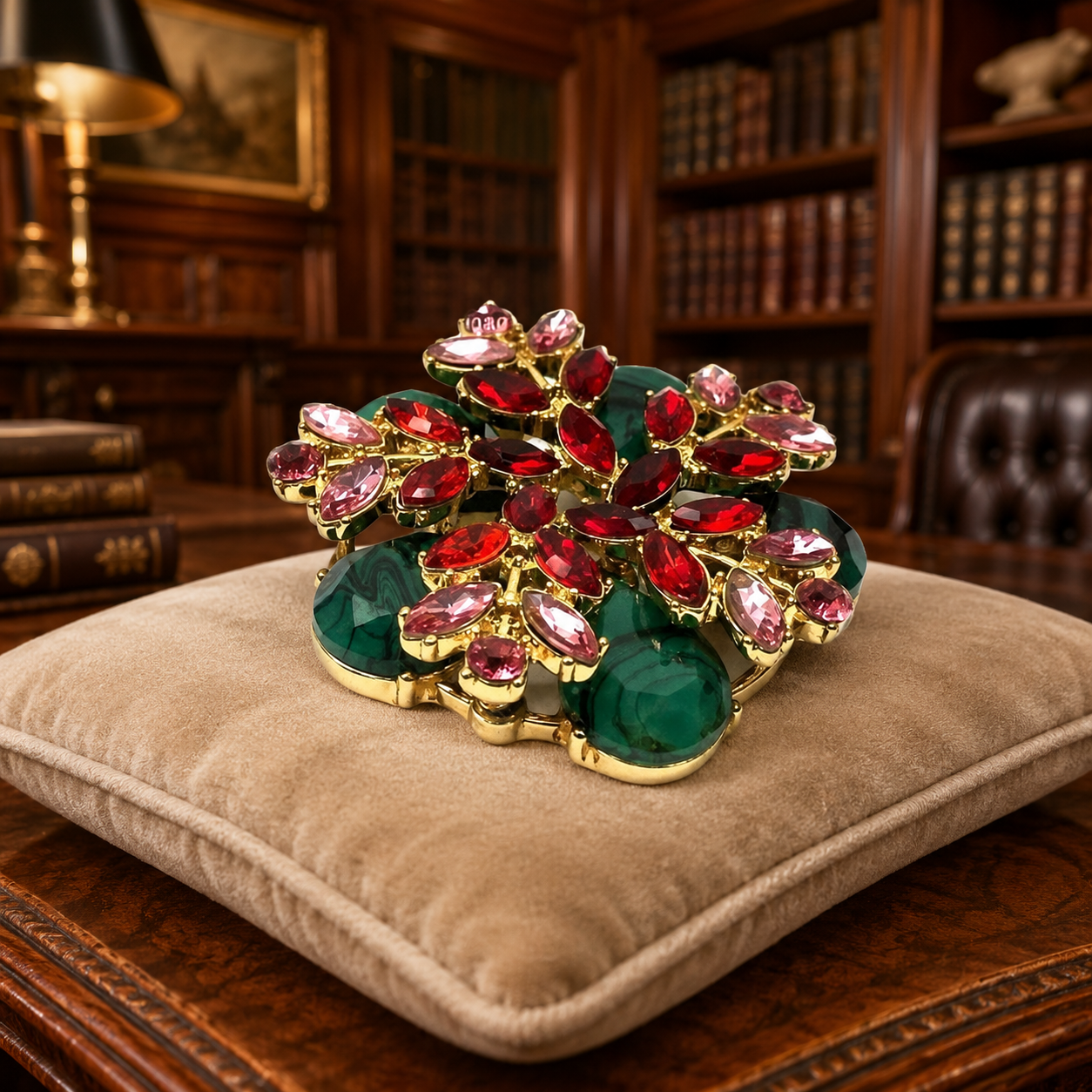 Vintage Malachite & Red Rhinestone Floral Brooch | Double Tiered Statement Pin Gold Tone