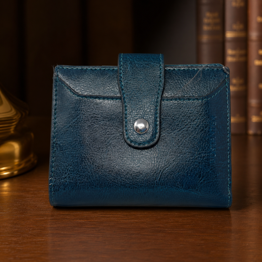 Bostanten Peacock Blue Genuine Leather Bifold Wallet ID Window Snap Closure