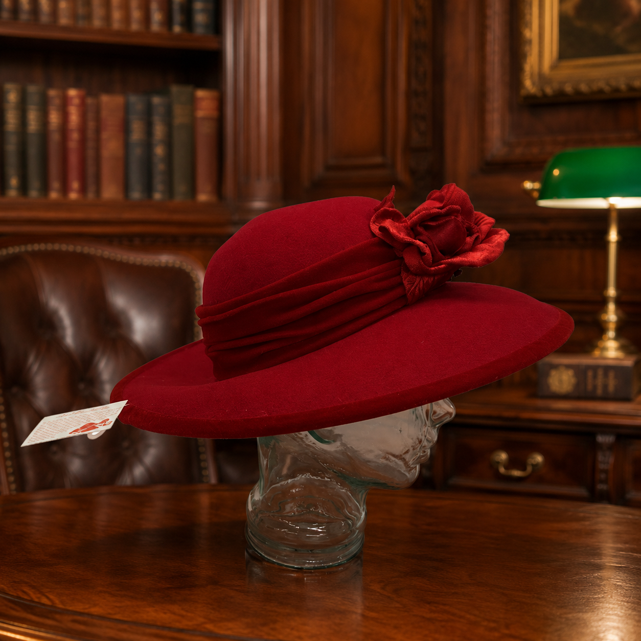 Red Wool Wide Brim Hat with Floral Accent | Vintage Style Elegant Statement Dress Hat
