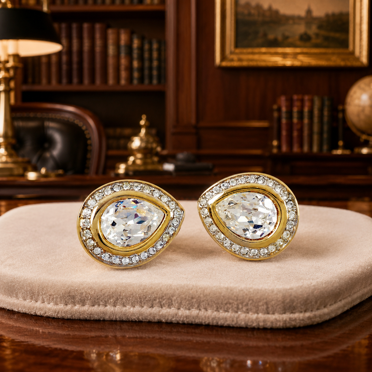 Vintage Swarovski Gold Tone Crystal Teardrop Halo Clip-On Earrings