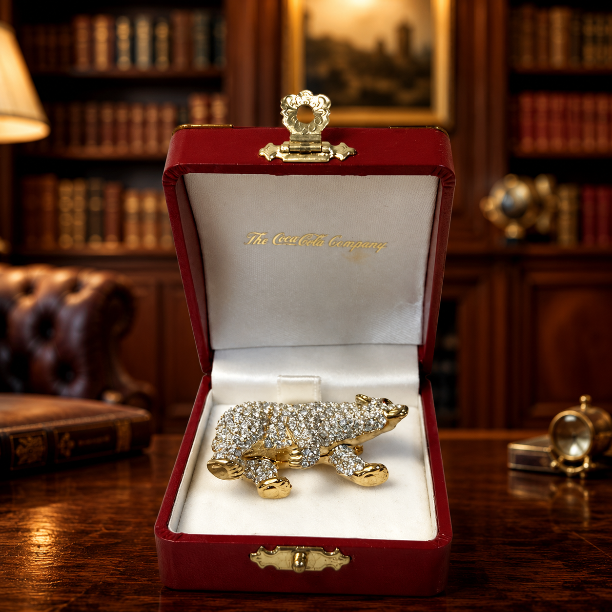 The Coca-Cola Company Swarovski Crystal Polar Bear Brooch Gold Tone Collectible Lapel Pin