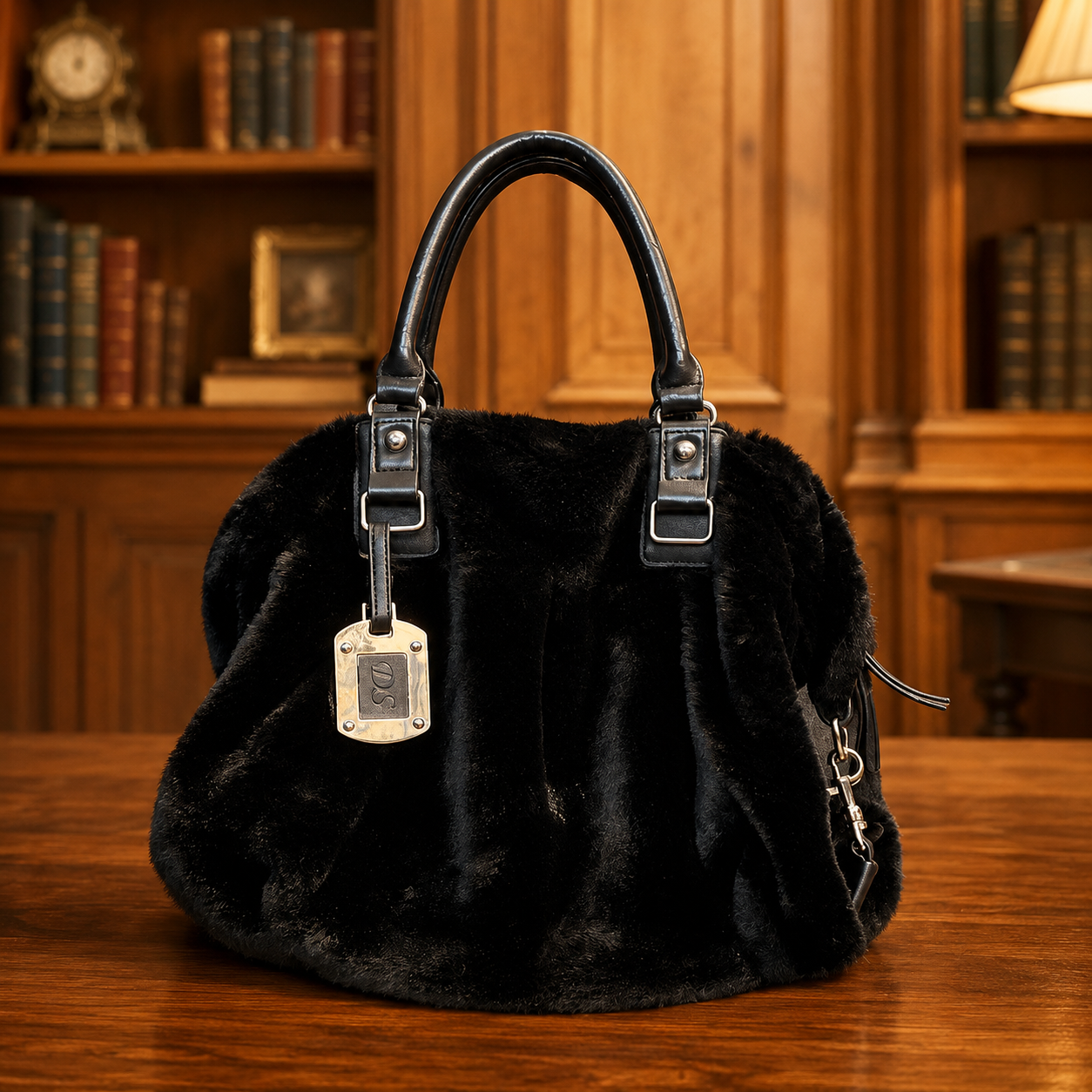 Donna Salyers Fabulous-Furs Black Faux Fur Satchel Handbag with Silver Hardware | Luxe Evening Tote