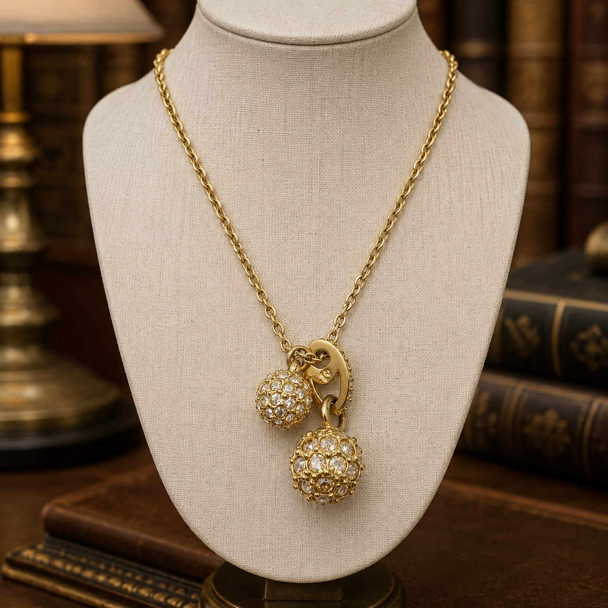Swarovski Gold Tone Crystal Dual Pendant Necklace | Signed Designer Station Necklace