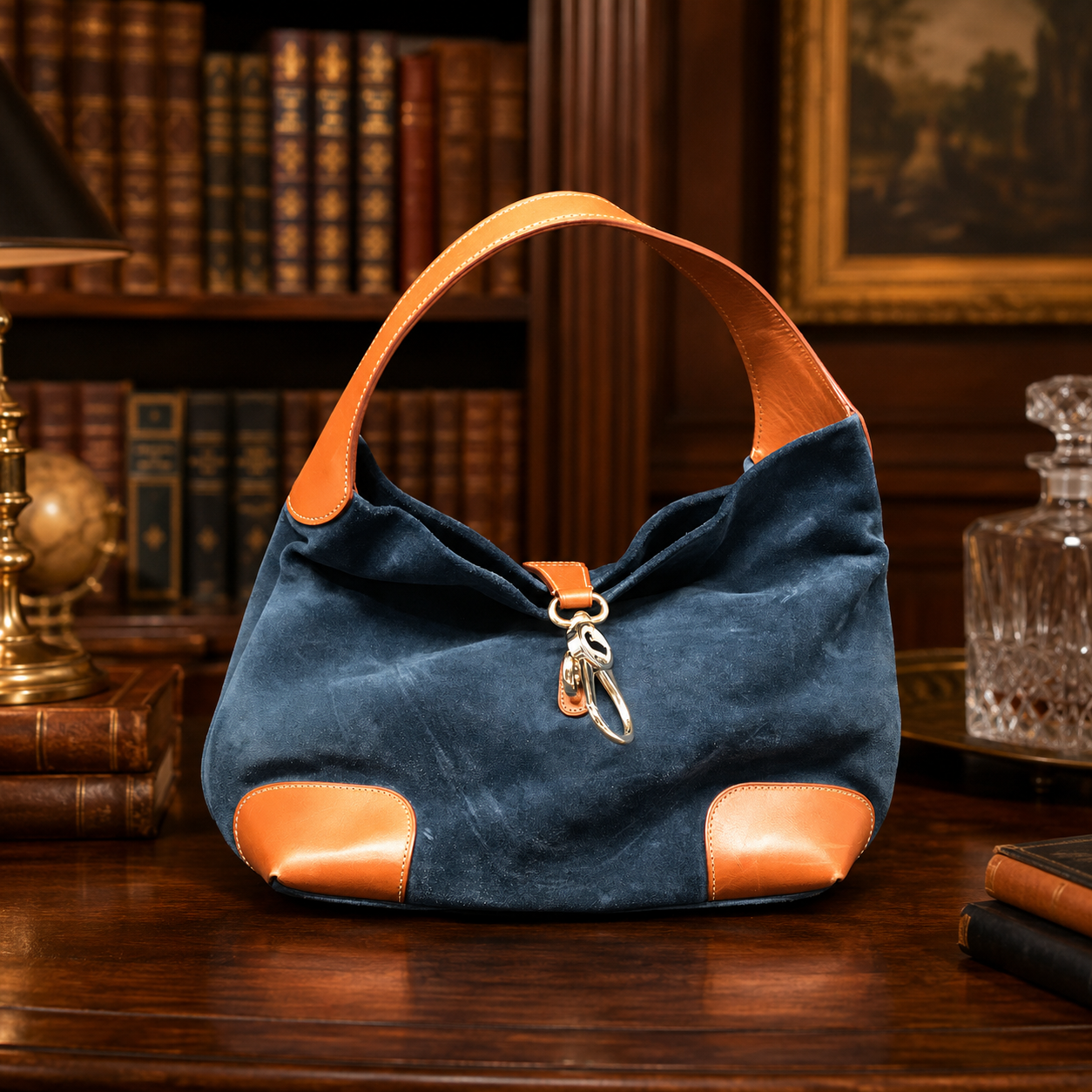 Dooney & Bourke Blue Brown Suede Leather Trim Shoulder Purse