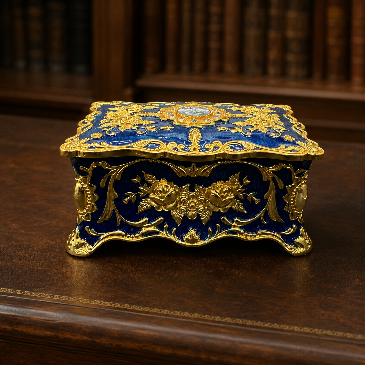 Ornate Blue & Gold Baroque Jewelry Box with Velvet Interior