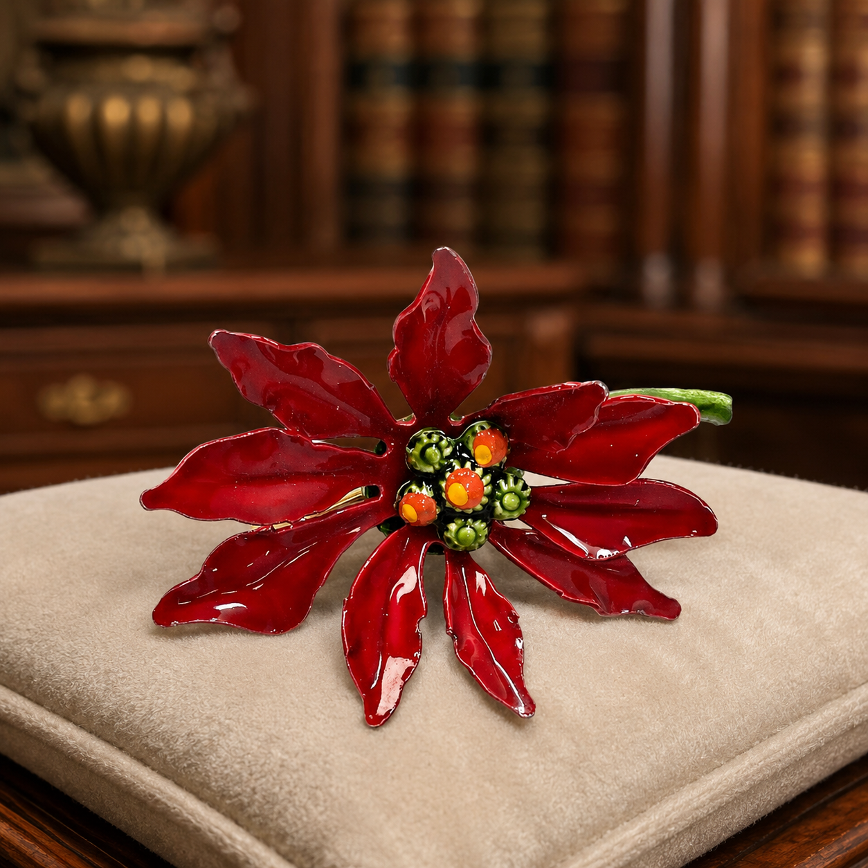 Vintage Gold Tone Red Enamel Poinsettia Brooch Pin 5.7g | Christmas Holiday Floral Jewelry