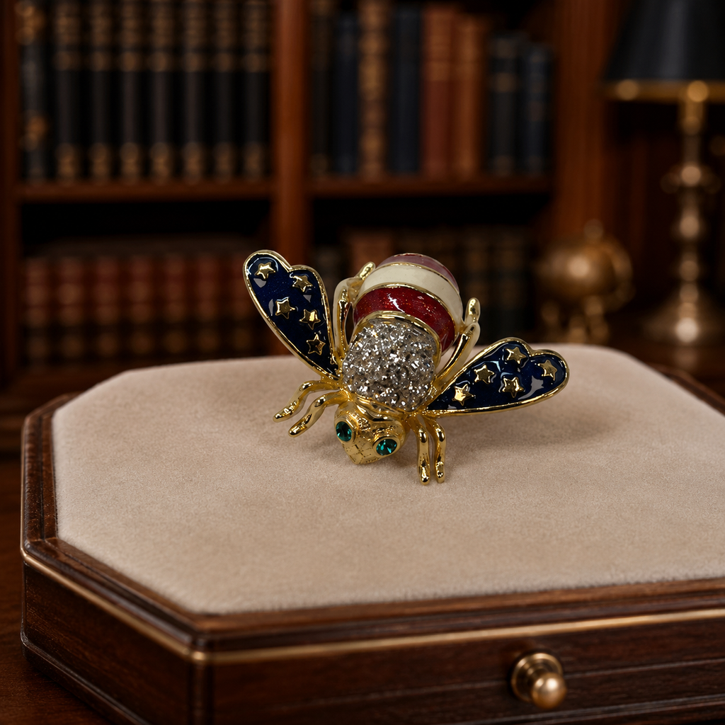 Joan Rivers Patriotic Bee Brooch Pin Gold Tone Red White & Blue Enamel Rhinestone Insect 8.5g