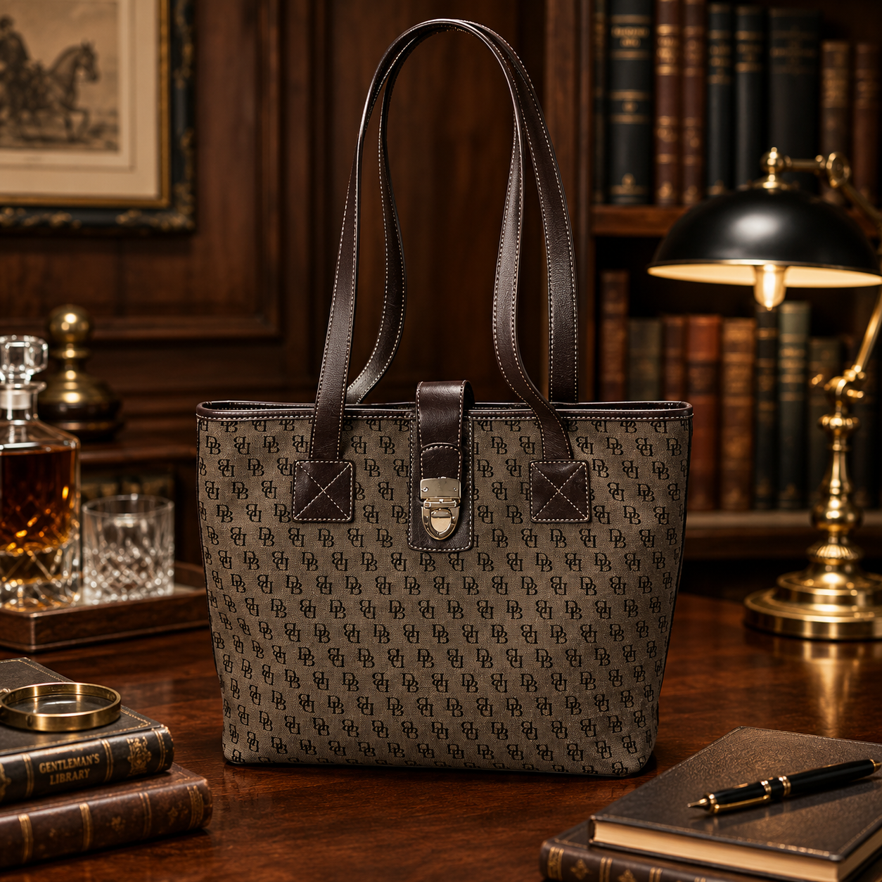 Dooney & Bourke Grey/Brown Monogram Jacquard & Leather North South Tote