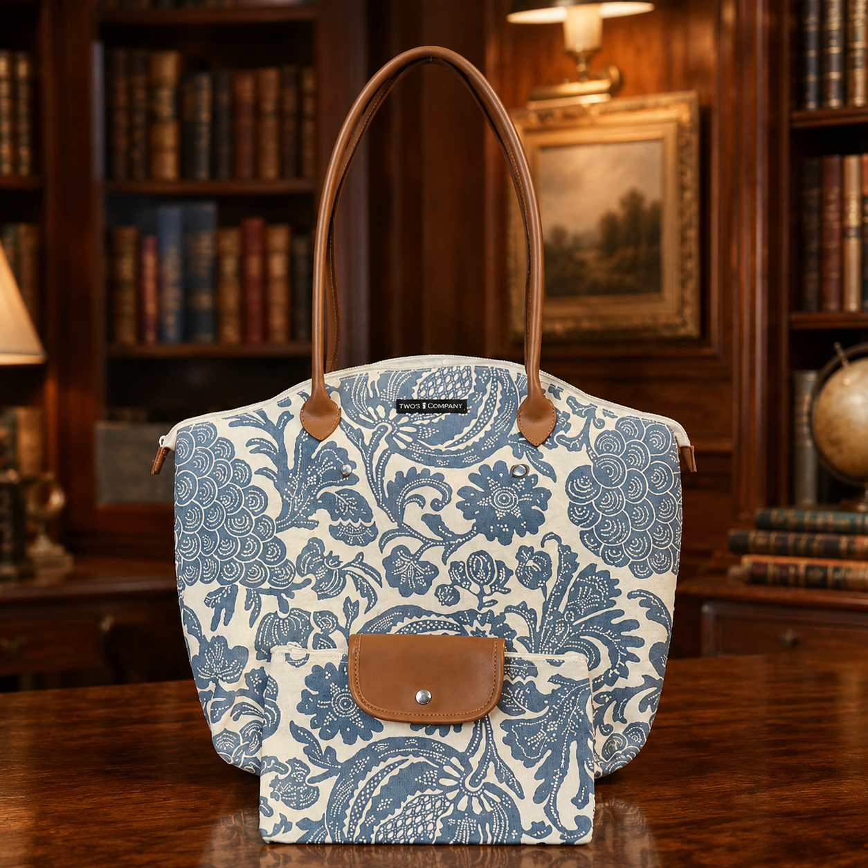 Two's Company Blue White Floral Canvas Tote Bag with Matching Pouch Set