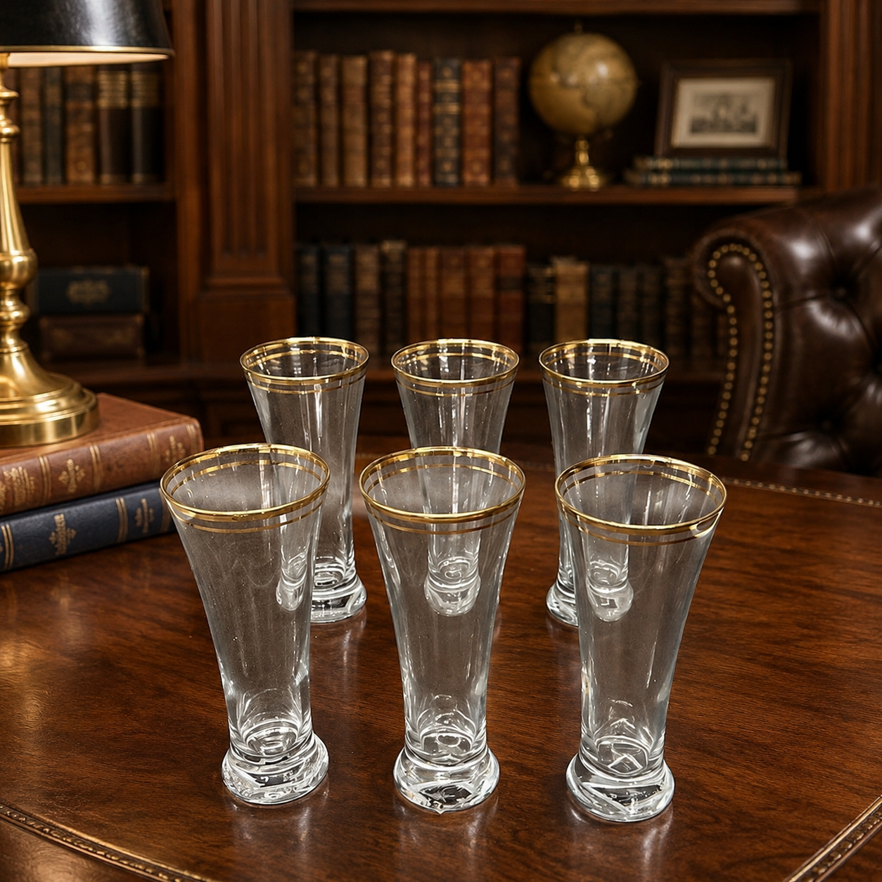 Circleware Parisian Pilsner Glasses Set of 6 Gold Rim 12 oz with Box
