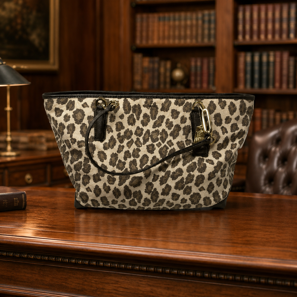 Coach Ocelot Leopard Jacquard Tote Bag Natural Brown Leather Trim Shoulder Shopper