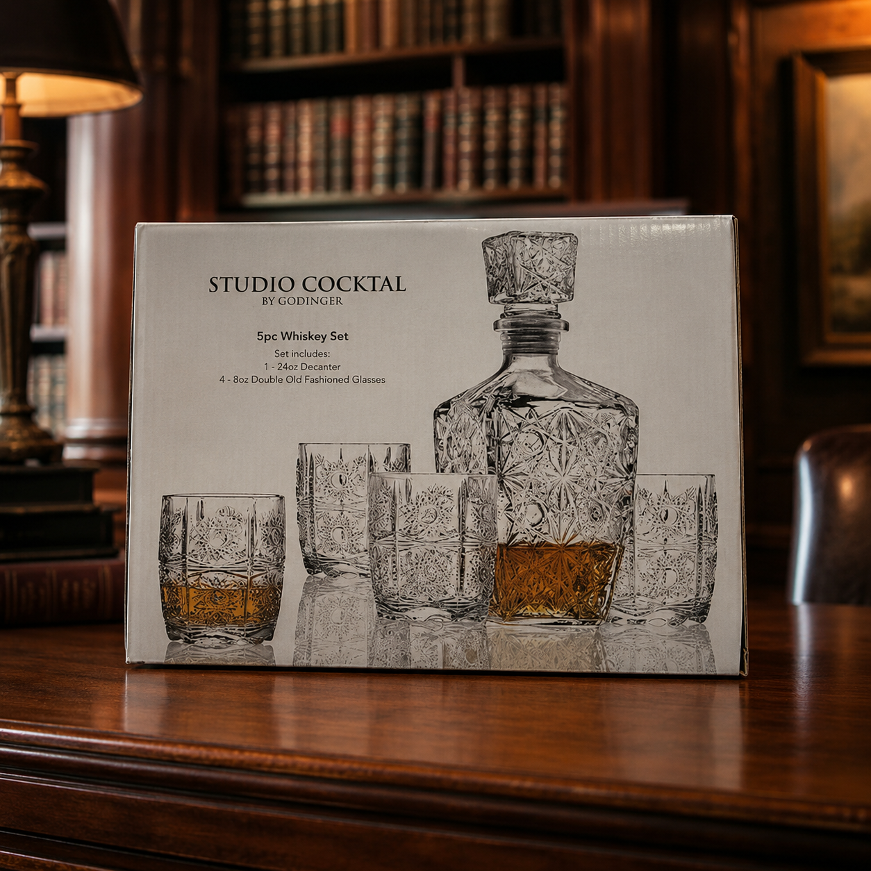 Godinger Studio Crystal Whiskey Set 5pc Decanter 4 DOF Glasses Sunburst Pattern