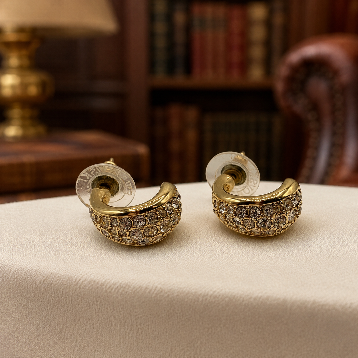 Swarovski Gold Tone Crystal Pave J-hoop Earrings Signed Swan Logo