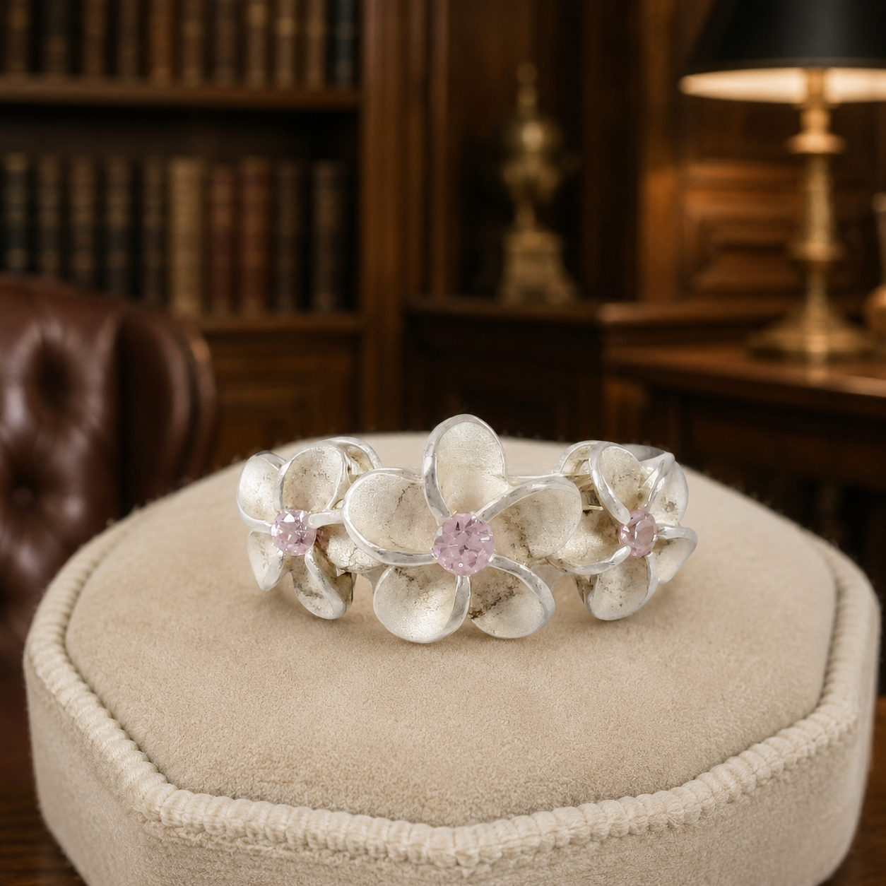 925 Sterling Silver Pink Cubic Zirconia Floral Ring Size 7.75 Flower Cluster Statement Ring