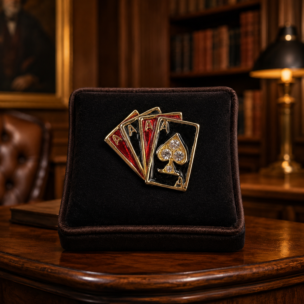 Gold Tone Glass Gems Enamel 4-Of-A-Kind Ace Poker Cards Brooch