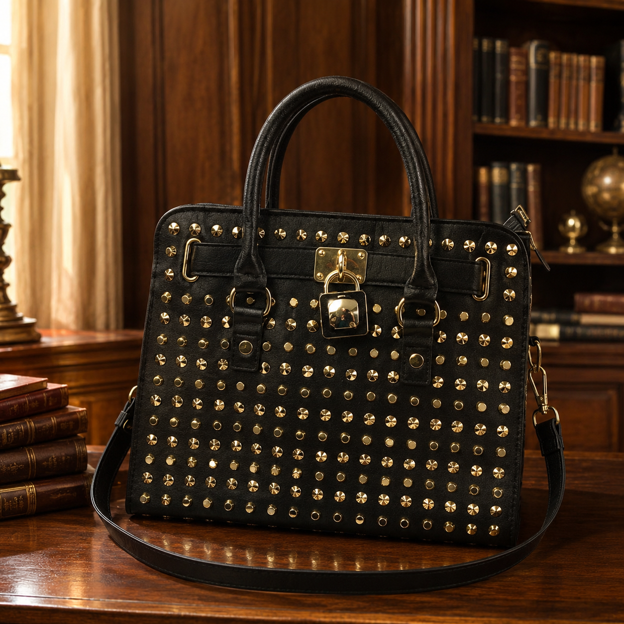 Braciano Black Studded Satchel Bag, Gold Tone Hardware Structured Shoulder Handbag