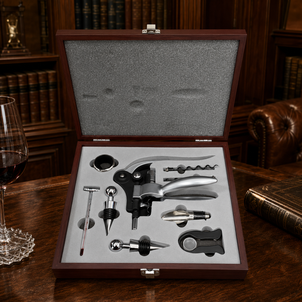Professional Wine Bottle Opener 9-Piece Gift Set in Wood Box