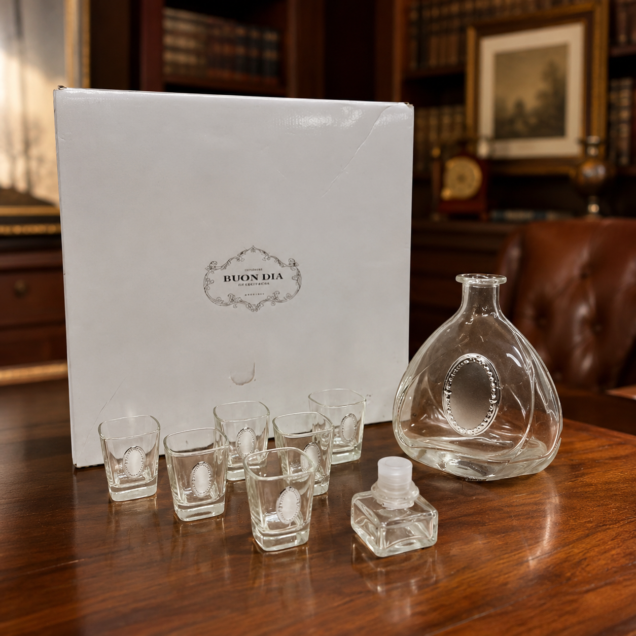 Vintage Hazorfim Buon Dia Glass Decanter and 6 Shot Glasses Gift Box Set