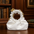3AM Forever White Ruched Cloud Clutch Purse Pearl Handle Evening Bag