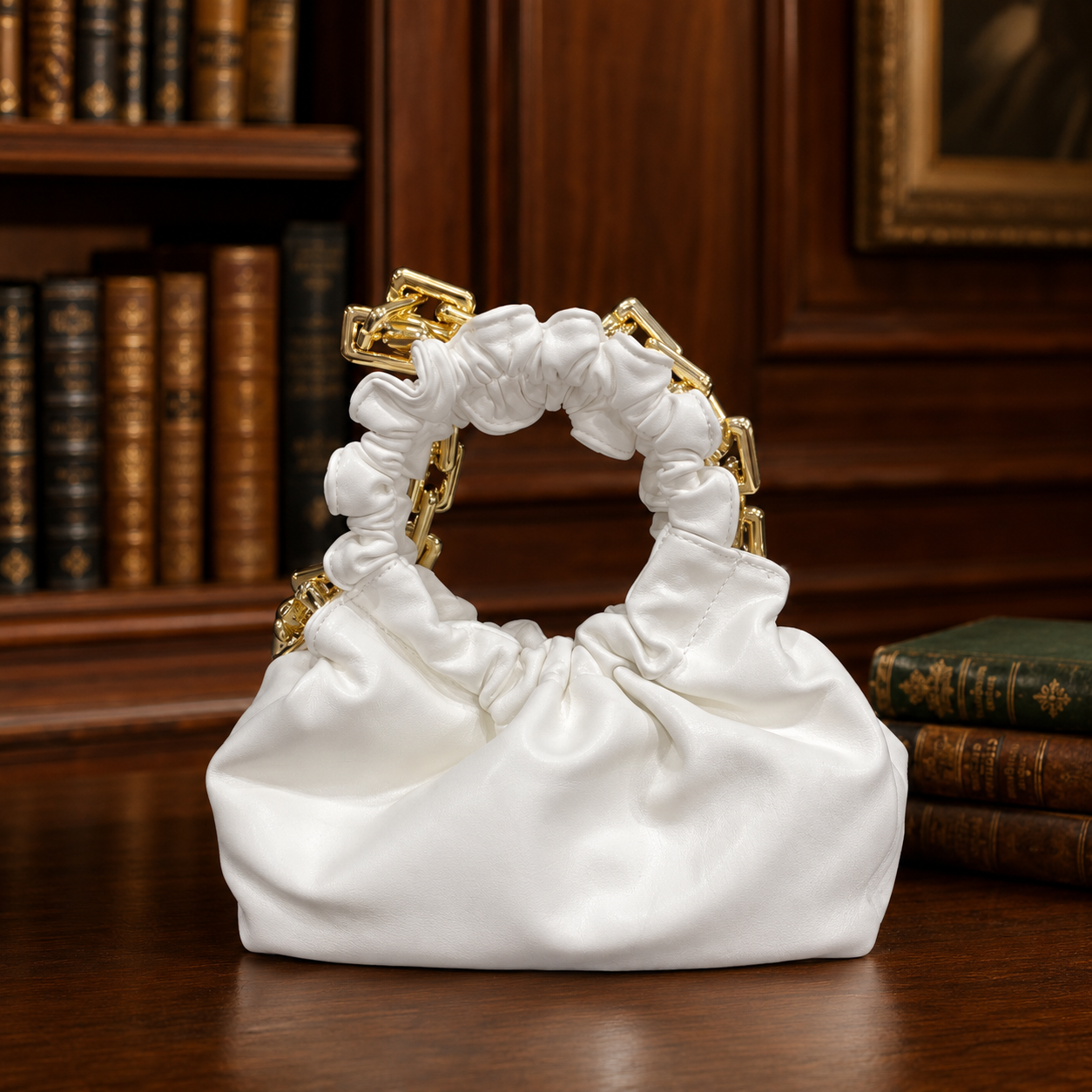3AM Forever White Ruched Cloud Clutch Purse Pearl Handle Evening Bag
