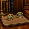 Vintage Gold Tone Pegasus Cameo Cuff Links | Blue Intaglio Mythology Revival Men's Accessories
