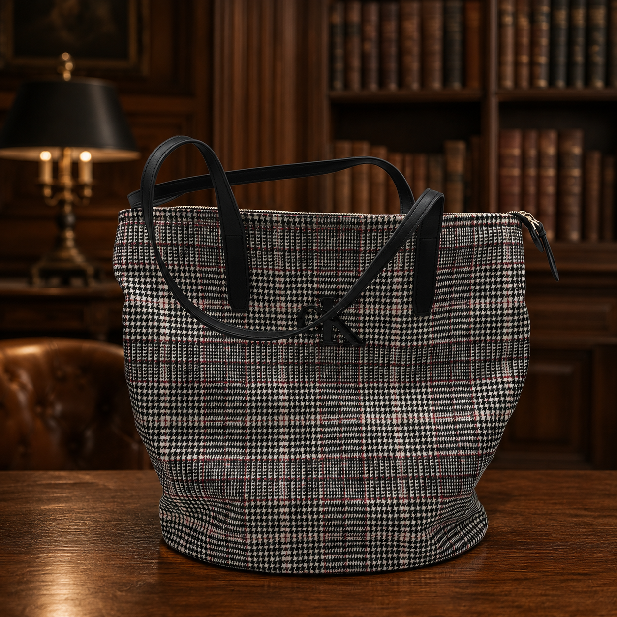Calvin Klein Black White Red Plaid Tote Bag | Large Structured Everyday Work Carryall