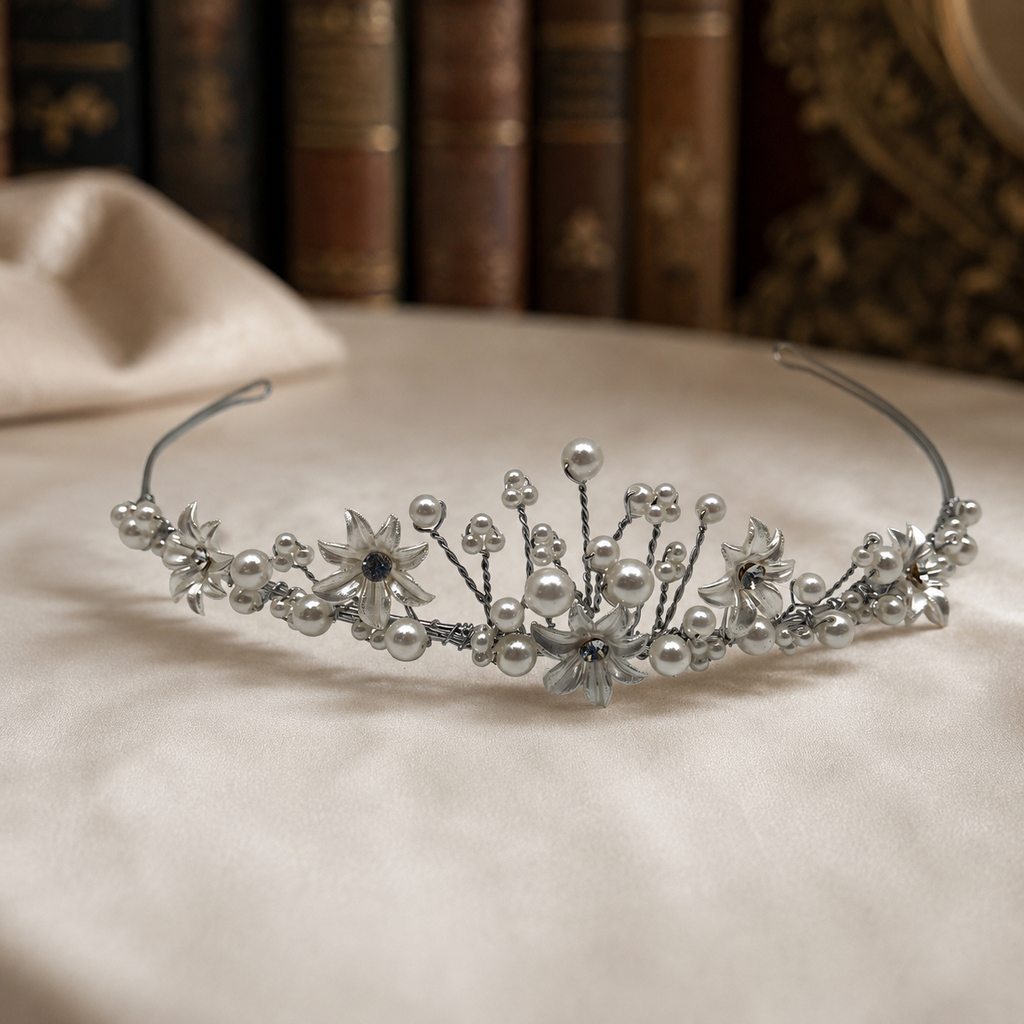 David's Bridal Headpiece Collection Wedding Tiara Floral Pearl Wire Silver Tone