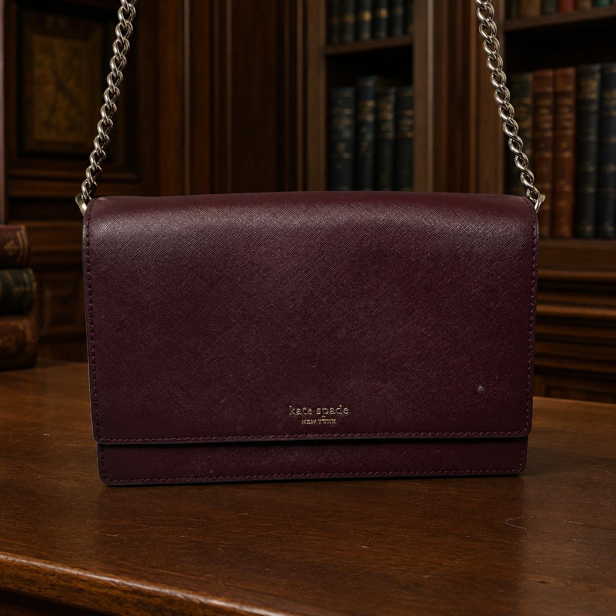 Kate Spade New York Burgundy Leather Wallet-on-Chain Crossbody