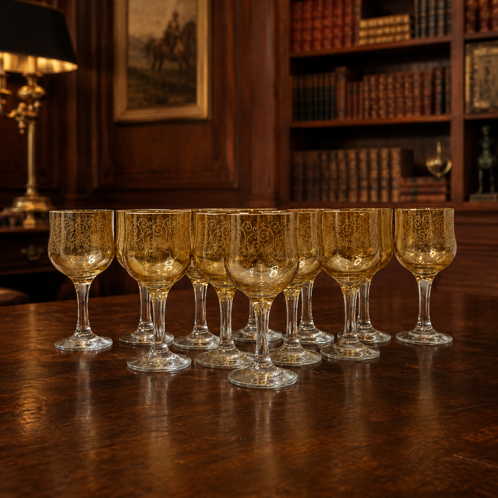 12 Identical Amber Glass Wine Glasses Each About 7 Tall