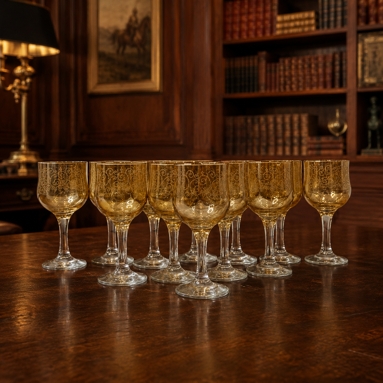12 Identical Amber Glass Wine Glasses Each About 7 Tall