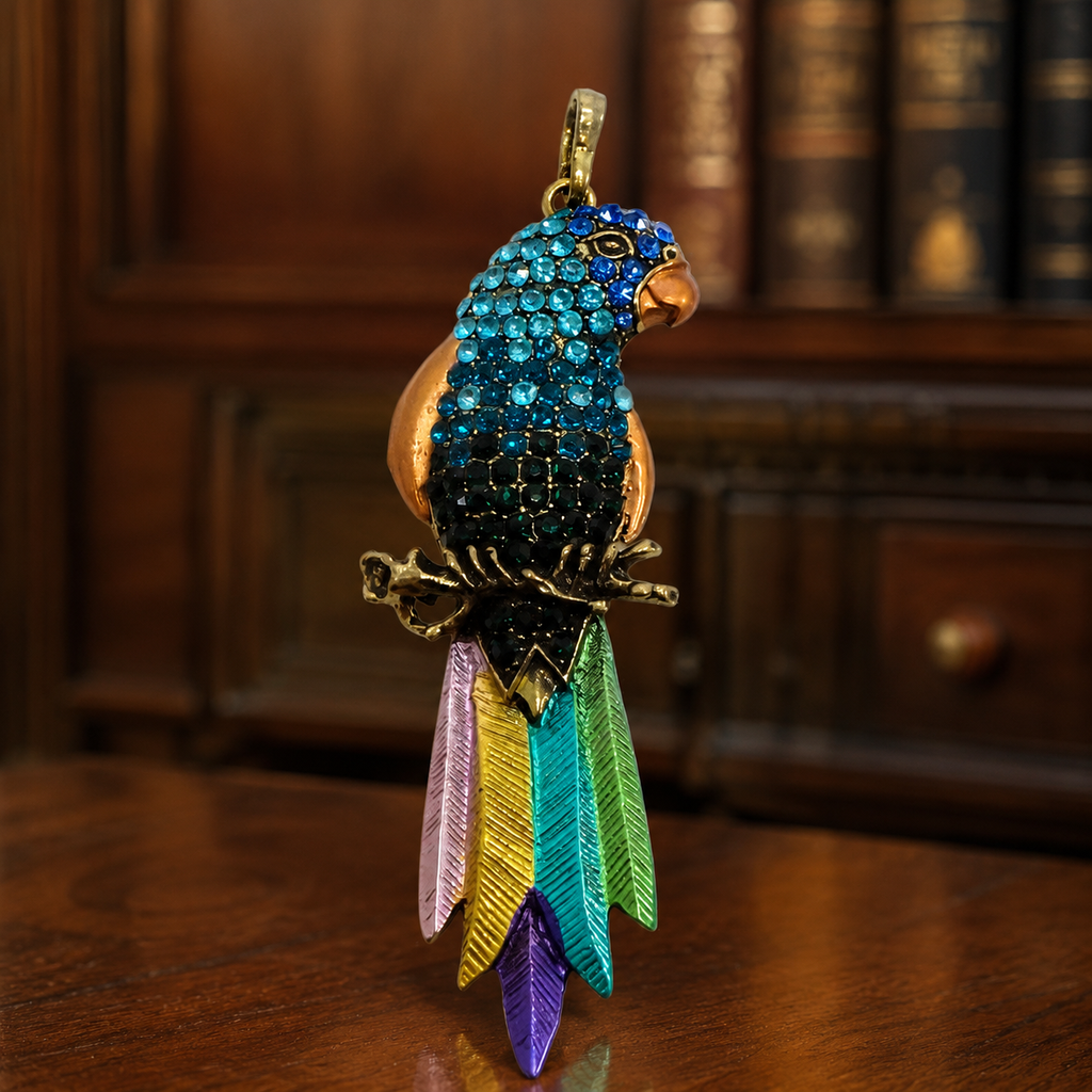 Blue & Green Rhinestone Enamel Parrot Pendant Tropical Bird Statement Necklace Charm