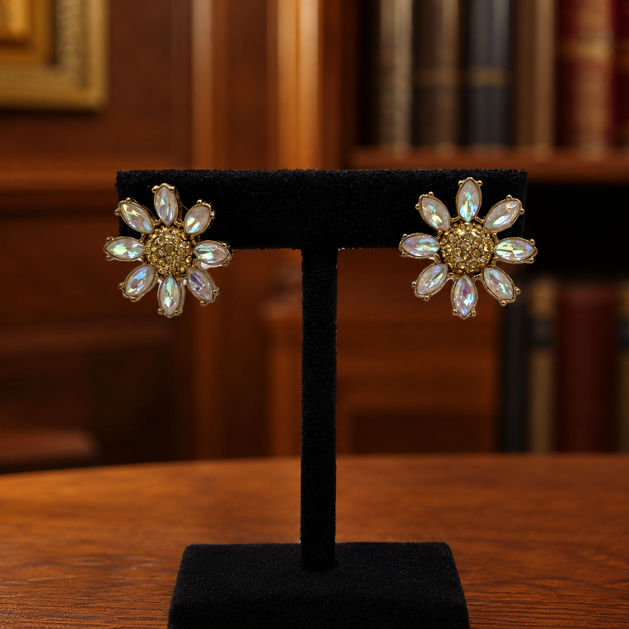 Betsey Johnson Gold-Tone Iridescent Crystal Petals & Yellow Rhinestone Center Daisy Earrings