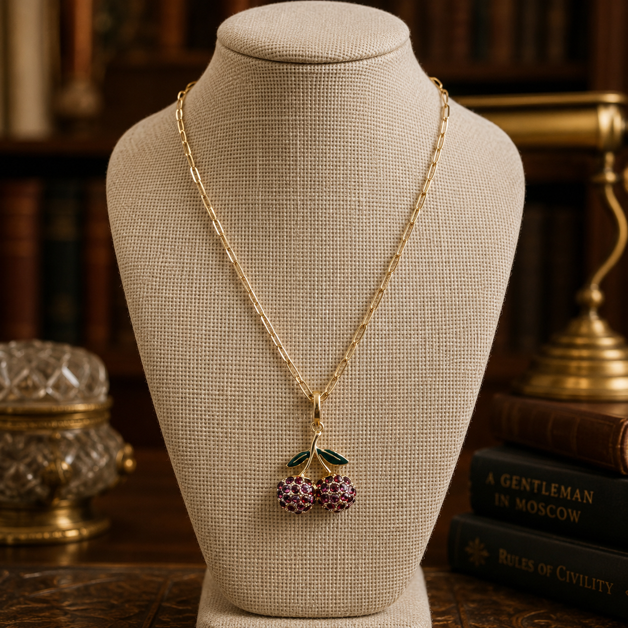 Fashion Gold Tone Rhinestone Cherry Pendant Necklace 20g