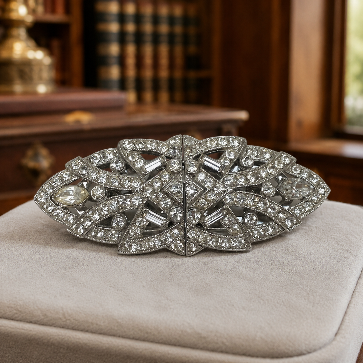 (SOLD) Fashion Art Deco Inspired Silver Tone Icy Rhinestone Dress Clip Brooch 23g