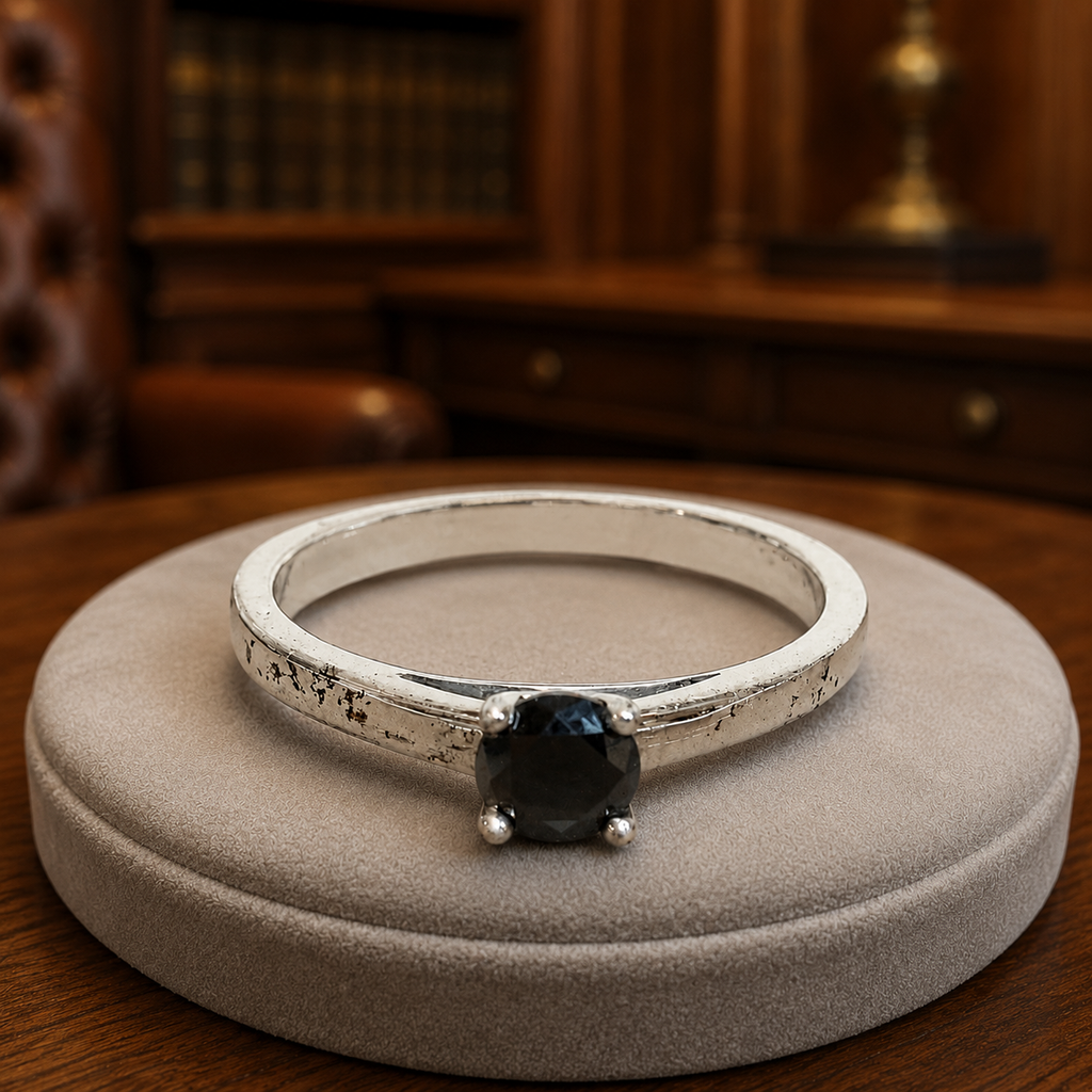 Sterling Silver Black Solitaire Moissanite Ring, Sz. 8, 2.2 Grams
