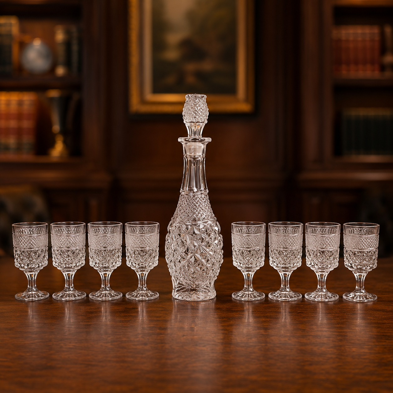 Anchor Hocking Wexford Style Glass Decanter Bottle Complete Service Set