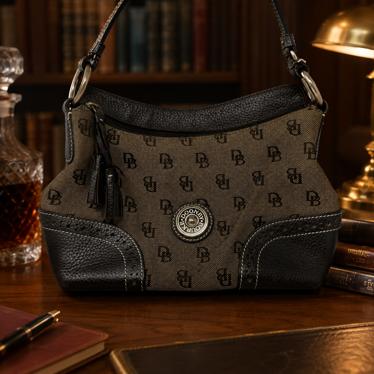 Dooney & Bourke Women's Brown Signature Leather Trim Tassel Shoulder Handbag