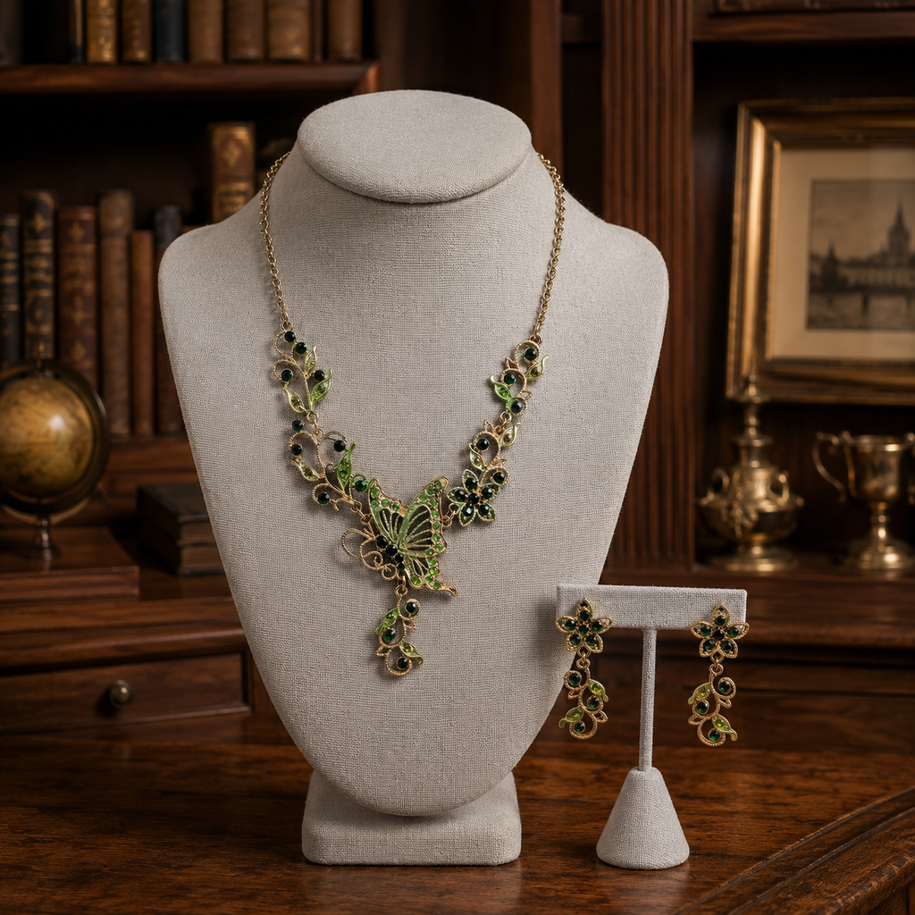 Vintage Green Rhinestone Gold Tone Butterfly Floral Necklace and Earring Set
