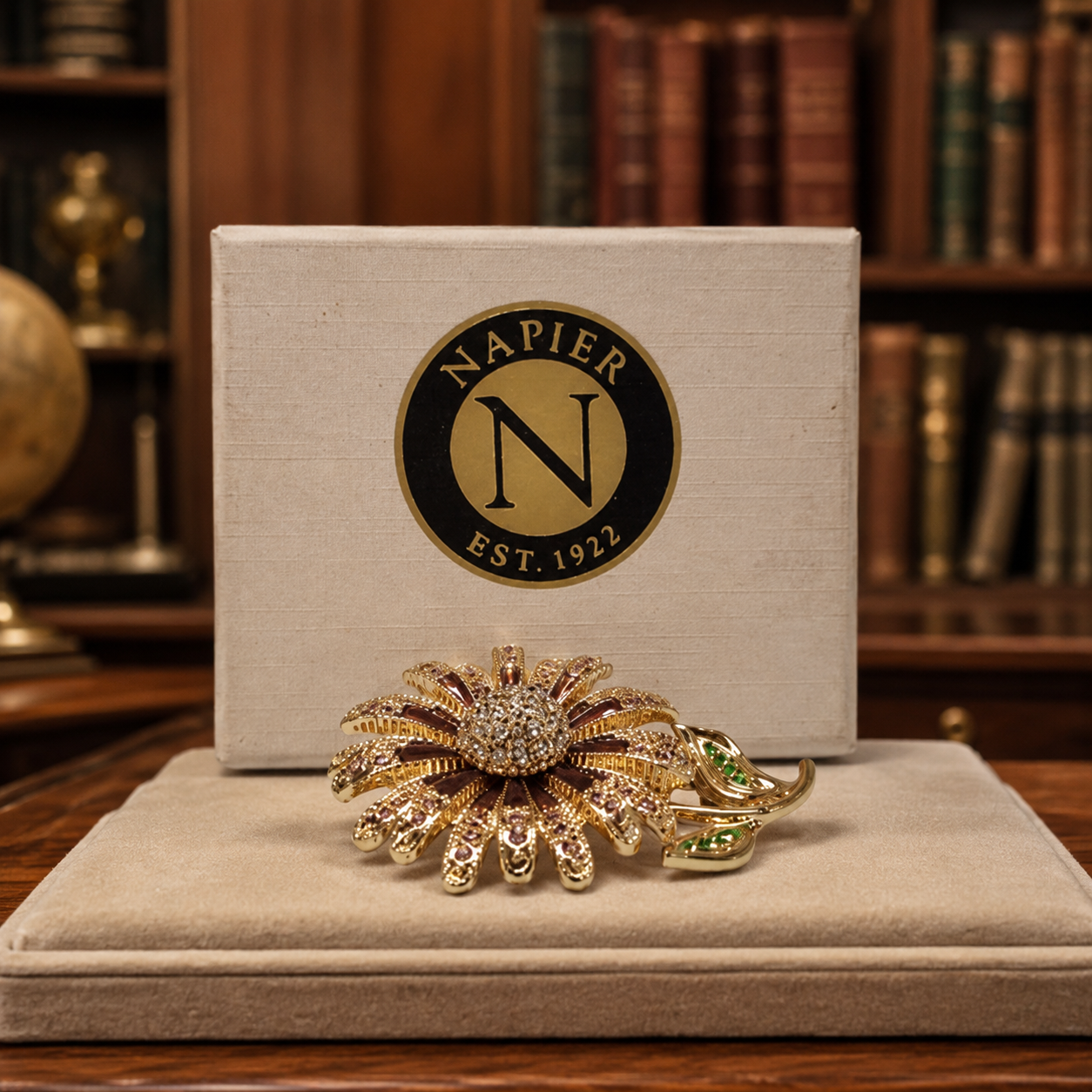 Vintage Napier Flower Brooch Pink Rhinestones Green Leaves Gold-Tone 2.5
