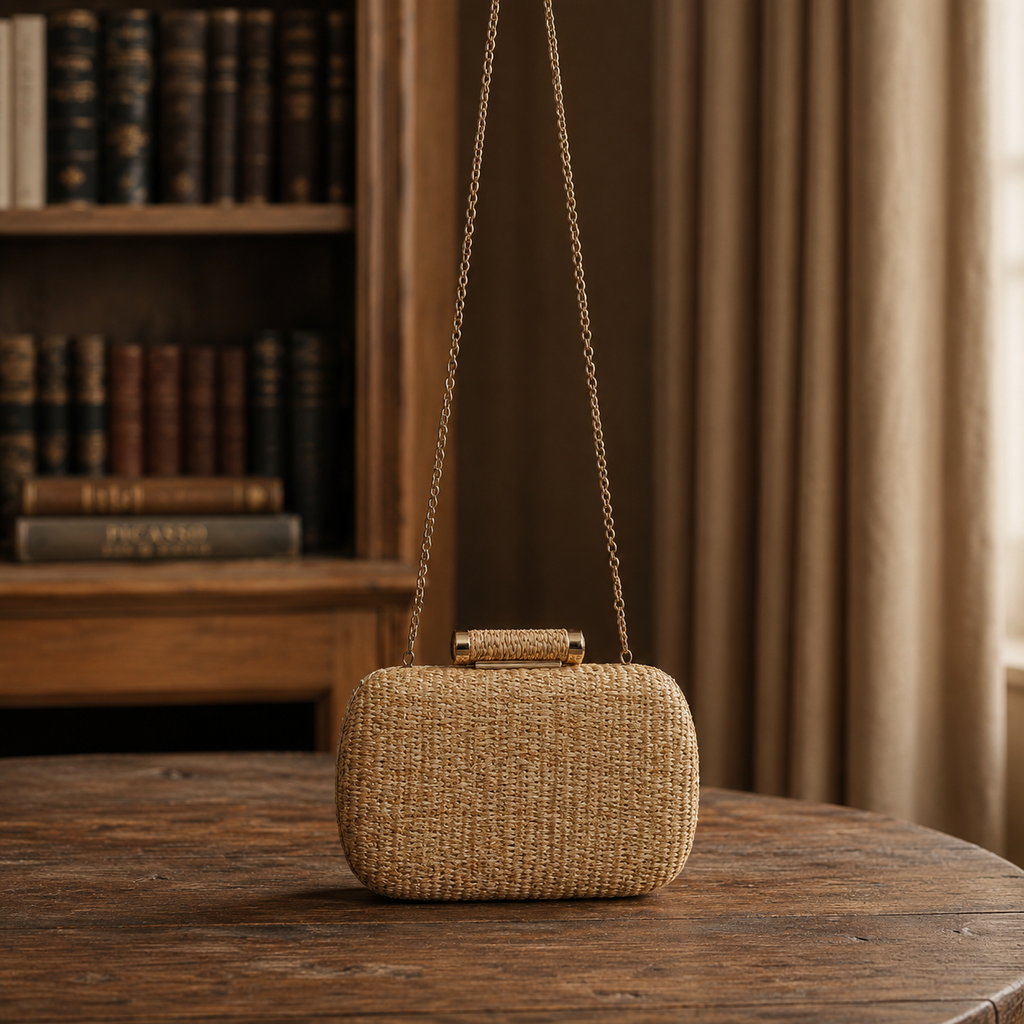 Hand-Woven Straw Clutch Purse Wicker Evening Bag with Chain Strap