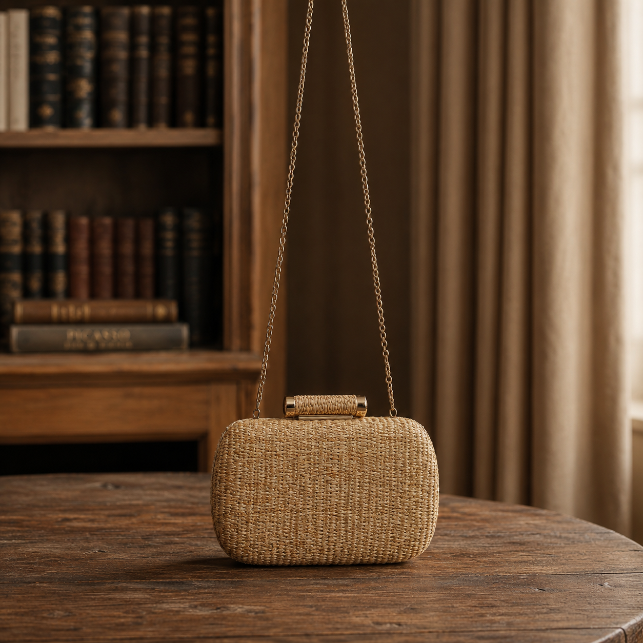Hand-Woven Straw Clutch Purse Wicker Evening Bag with Chain Strap