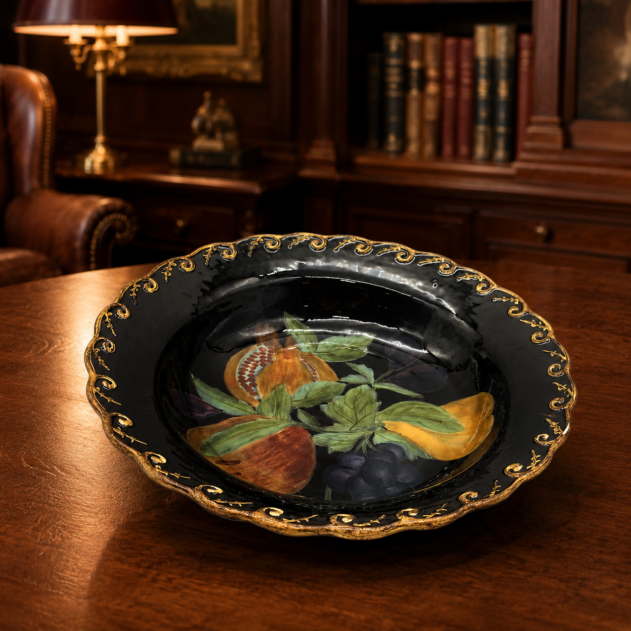 Raymond Waites Pompeii Black Fruit Motif Ceramic Serving Bowl 13.75 TLC