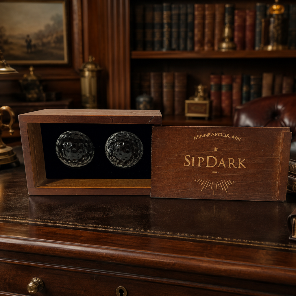 SipDark Golf Ball Style Glass Whiskey Chilling Stones 2pc Set with Wood Box