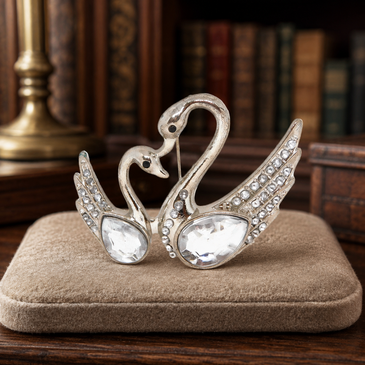 Vintage Silver-Tone Mother & Baby Swan Rhinestone Brooch